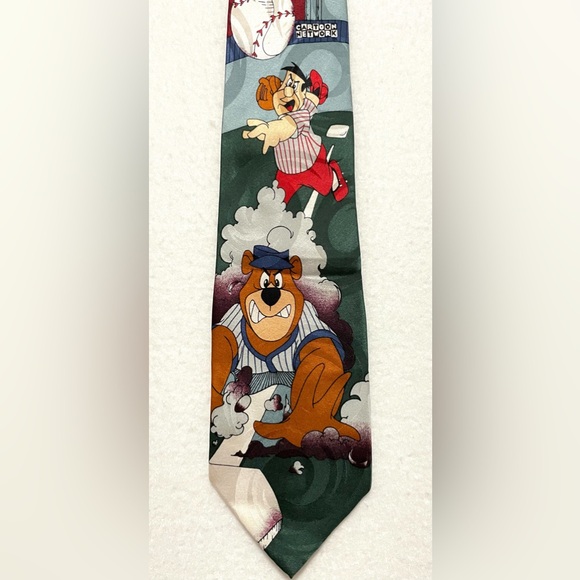 Vintage 1994 Cartoon Network Silk Necktie Baseball Fred Flintstone Yogi Bear - Picture 2 of 11